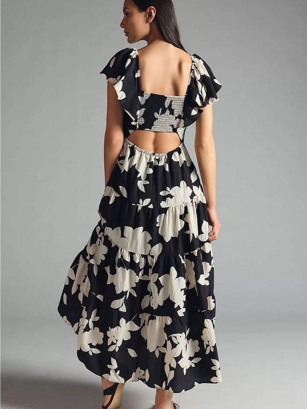 Anthropologie Silverlake Flutter-Sleeve Dress black and white floral print Sz S